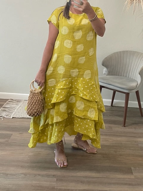 Mustard Bohemian Polka Dot Ruffle Dress