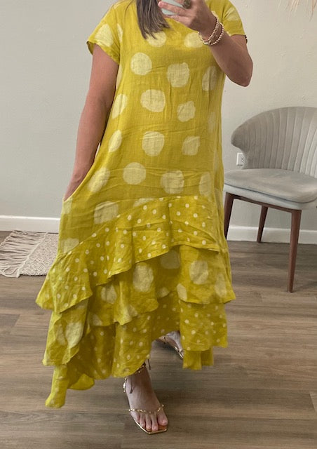 Mustard Bohemian Polka Dot Ruffle Dress